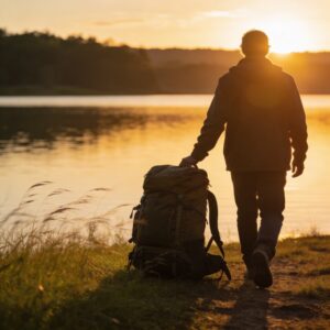 Personne déposant un sac lourd avant d’avancer vers la lumière, symbole du renoncement et du chemin du disciple.