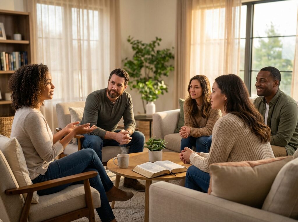 Groupe de personnes partageant et écoutant un message qui transforme leur vie