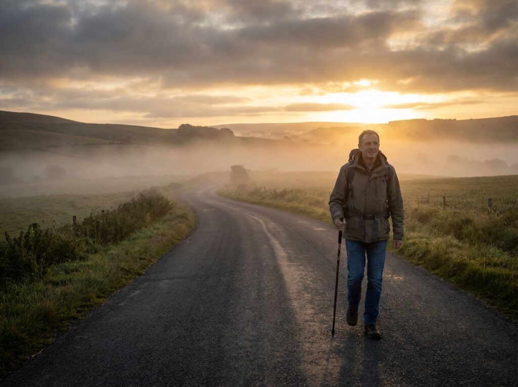 Personne avançant sur un chemin éclairé par une lumière d’espérance