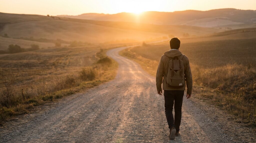 Personne avançant avec confiance sur un chemin éclairé