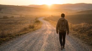 Personne avançant avec confiance sur un chemin éclairé