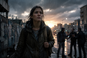 Une personne avance sous la pluie et le vent dans une ville sombre, fatiguée mais paisible, éclairée par une douce lumière au loin.