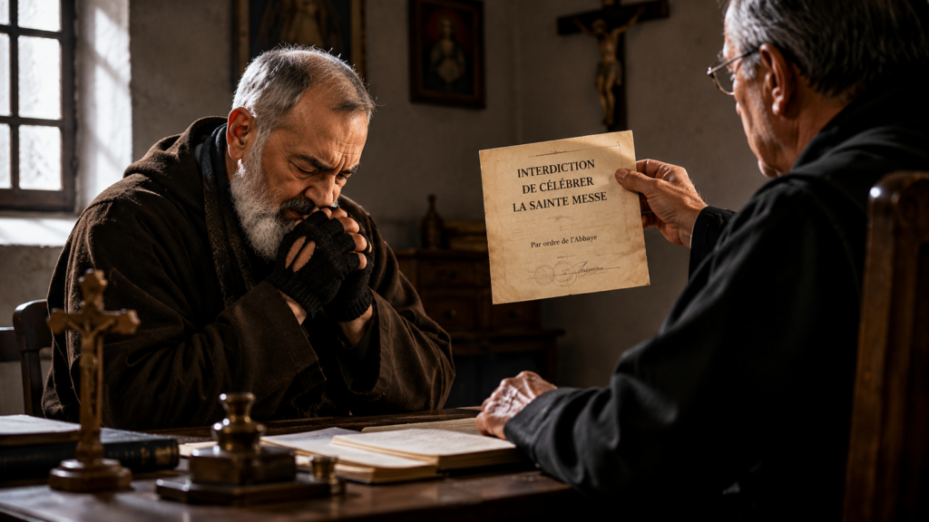Le Padre Pio levant la main en bénédiction, portant ses gants noirs symboles d’une foi éprouvée dans la souffrance et la fidélité à Dieu.