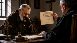Le Padre Pio levant la main en bénédiction, portant ses gants noirs symboles d’une foi éprouvée dans la souffrance et la fidélité à Dieu.