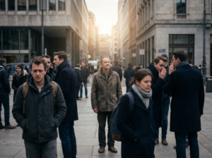 Un homme demeure calme au milieu d’un groupe qui l’ignore et le rejette, dans une atmosphère de tension et de solitude.